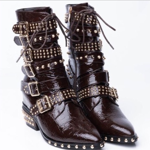 Western Cowboy Brown Vegan Crocodile Leather Studded Belt Strap Riding Boots - Picture 4 of 5